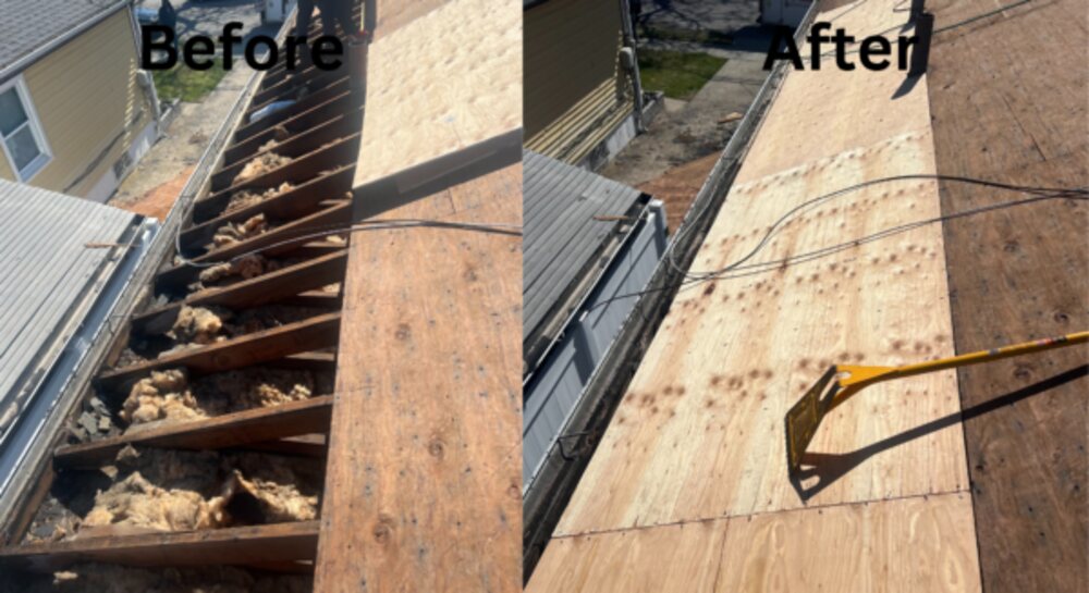 Jamaica, Queens — Rotted sheathing cut out and replaced with new plywood before re-roofing.
