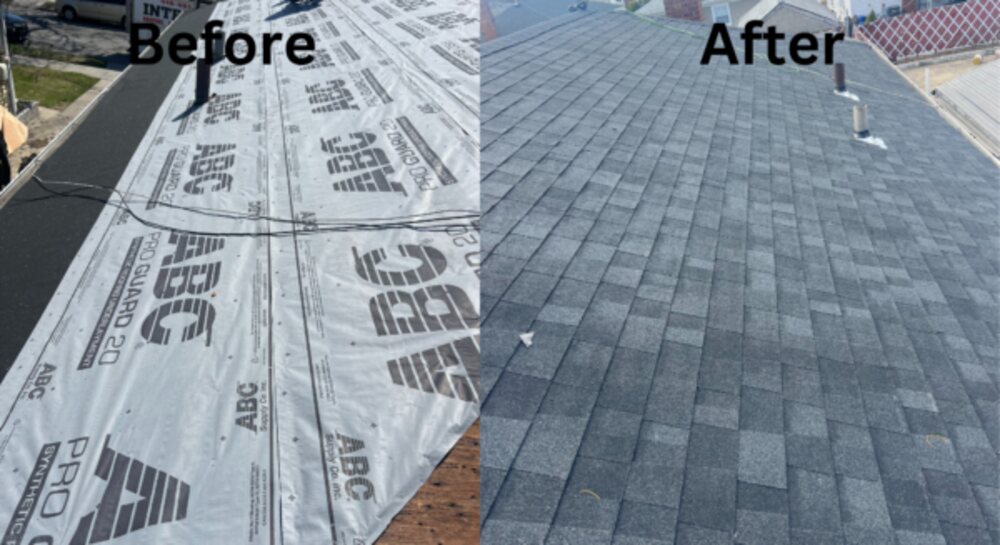 Jamaica, Queens — Underlayment down and the finished shingle field on a Queens re-roof.