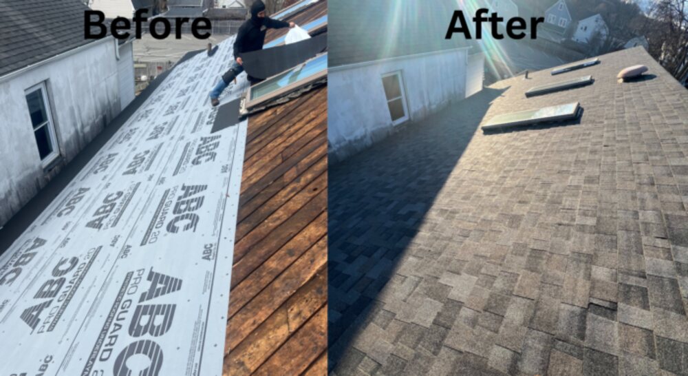 Oyster Bay, NY — Crew mid-install, tearing off the old roof and setting the new field.