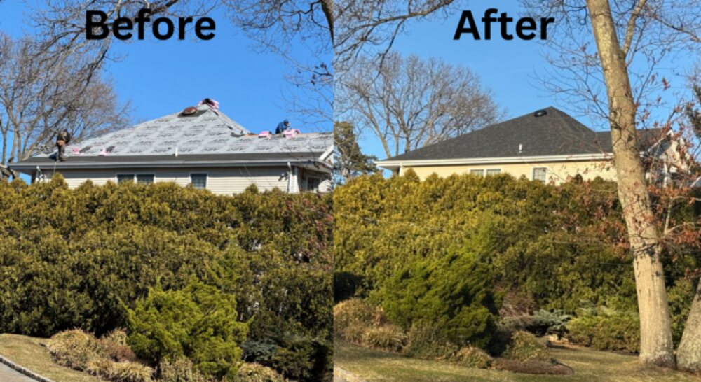 Smithtown, NY — Street view of the same Smithtown home before and after the new roof.