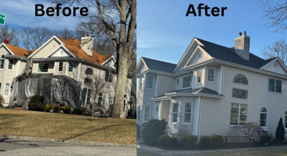Smithtown, NY — Full tear-off and architectural shingle replacement on a colonial — before and after.